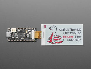 2.66" tri-color electronic ink display showing a friendly python and text: "Adafruit ThinkINK 2.66" 296x152 Tri-Color E-Ink SSD1680Z"