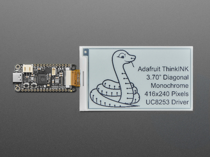 Overhead shot of 3.7" electronic ink display with a black and white python and text: "Adafruit ThinkINK 3.70" Diagonal Monochrome 416x240 Pixels UC8253 Driver"