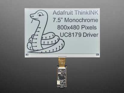 Overhead shot of 3.7" electronic ink display with a black and white python and text: "Adafruit ThinkINK 7.5" Diagonal Monochrome 800x480 Pixels UC8197 Driver"
