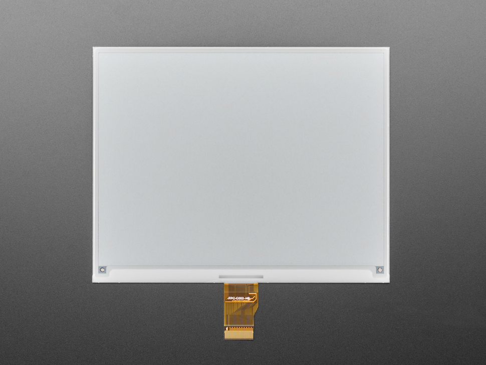Overhead shot of blank 5.83" monochrome electronic ink display.