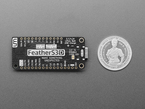Back of black, rectangular, FeatherS3 microcontroller with U.S. quarter for scale.