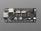Overhead shot of black, rectangular, Feather microcontroller.