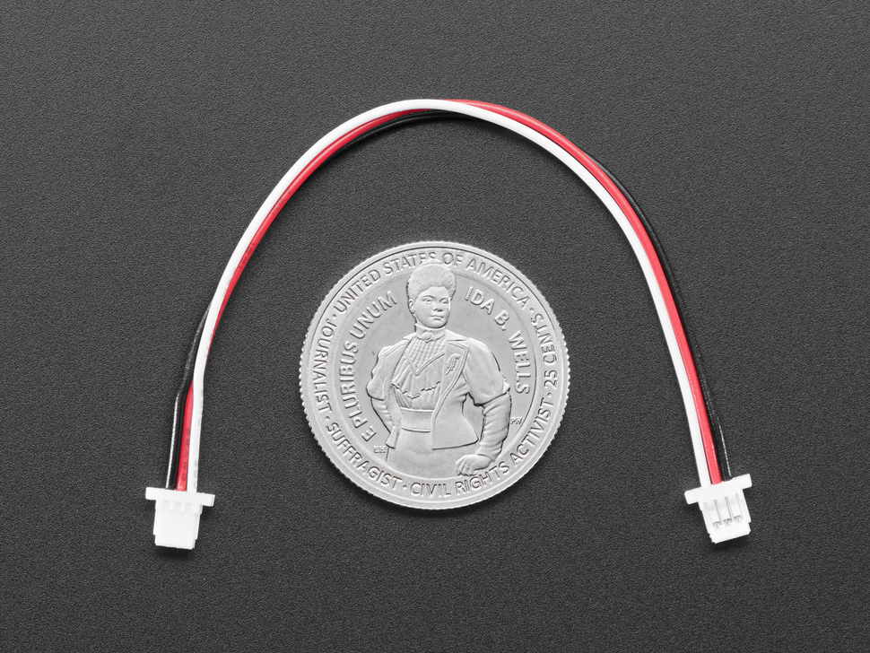 Top Down Shot of the JST SH Compatible 1mm Pitch 3-pin Plug-Plug Cable next to a U.S. Quarter for Scale.