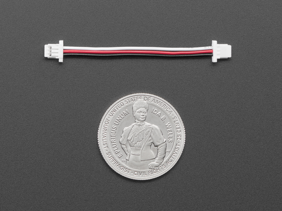 50mm long JST-SH 1mm pitch 3-pin cable with plug connectors above a U.S. quarter for scale.