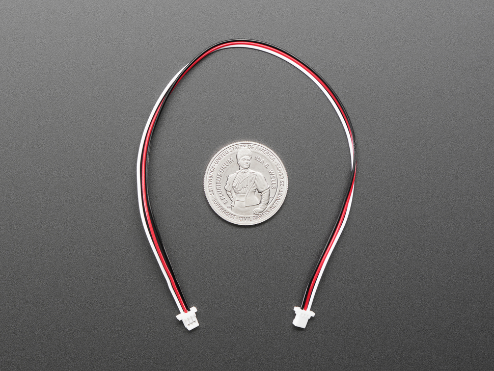 200mm long JST-SH 1mm pitch 3-pin cable with plug connector, framing a U.S. quarter for scale.