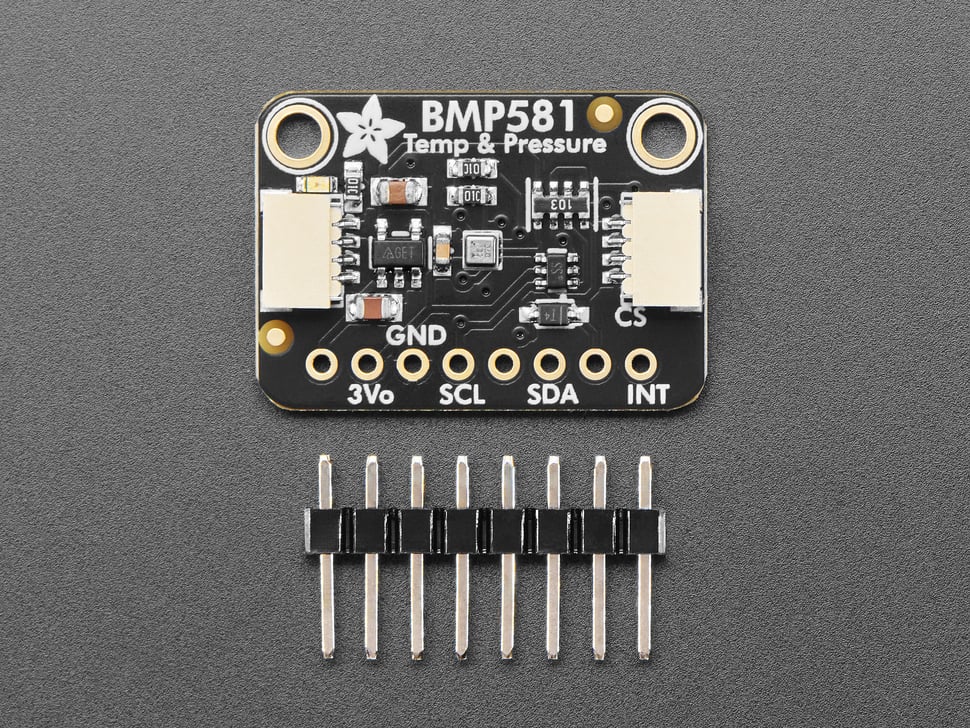 Top Down Front Shot of the Adafruit BMP581 I2C or SPI Temperature Humidity Pressure Sensor with Included 8pin Header.