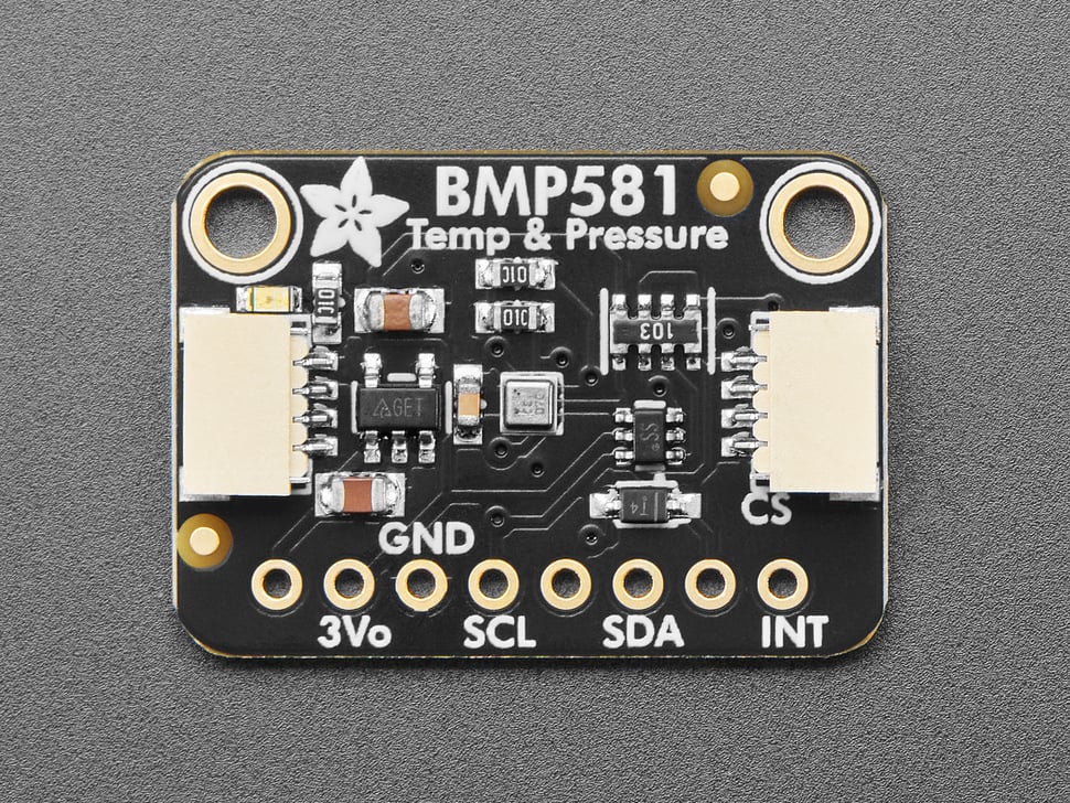 Close Up Top Down Front Shot of the Adafruit BMP581 I2C or SPI Temperature Humidity Pressure Sensor.