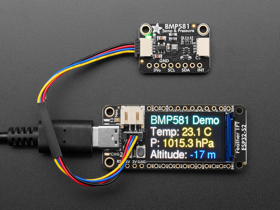 Temperature and pressure sensor breakout displaying sensor information on a connected TFT display breakout.