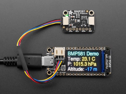 Temperature and pressure sensor breakout displaying sensor information on a connected TFT display breakout.