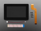 Overhead shot of 5 inch touch screen display with FPC cable, hardware, FPC cable, and JST cable.