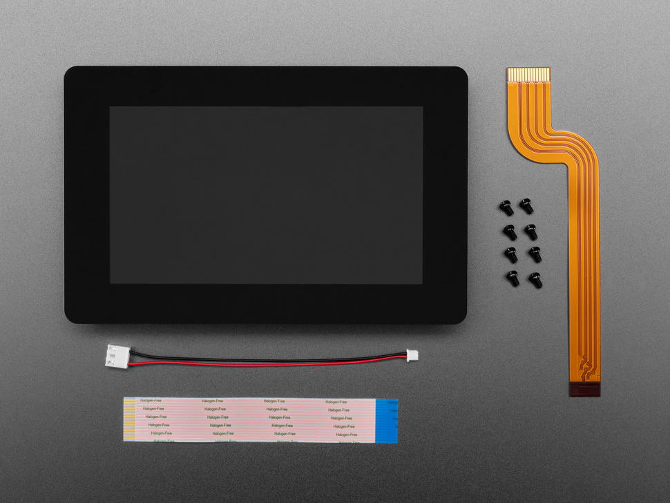 Overhead shot of 5 inch touch screen display with FPC cable, hardware, FPC cable, and JST cable.