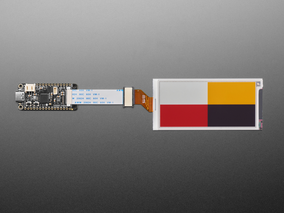 3.52" electronic ink display showing four colored blocks (black, red, yellow, and white) connected to a driver board and FPC extender.