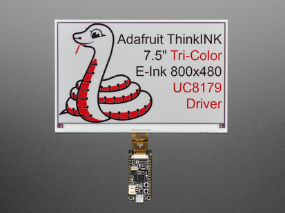 7.5" tri-color (red, black, and white) electronic ink display showing a friendly Python and display driver specifications.