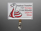 7.5" tri-color (red, black, and white) electronic ink display showing a friendly Python and display driver specifications.