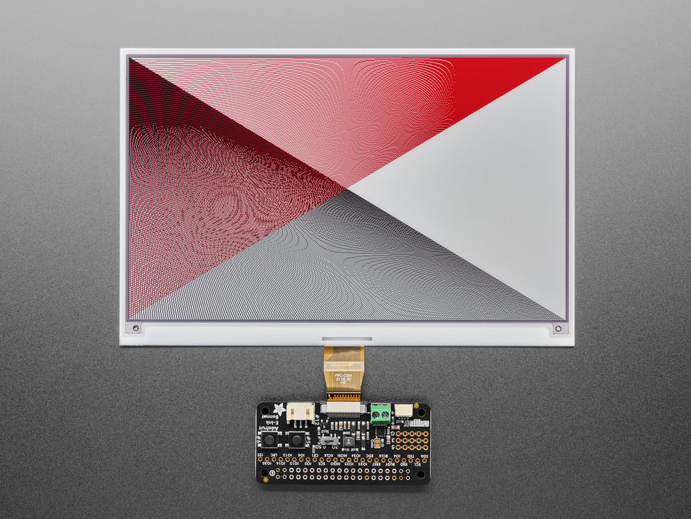Black, rectangle-shaped electronic ink driver add-on board powering a 7.5" tri-color electronic ink display in red, black, and white.