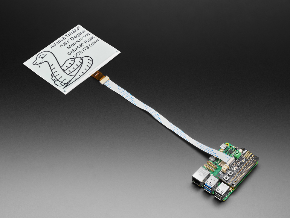 7.5" electronic ink module connected via FPC cable to a Raspberry Pi computer and e-ink driver board.