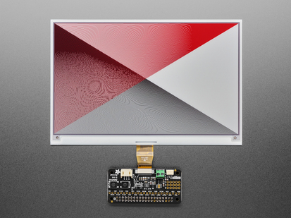Black, rectangle-shaped electronic ink driver add-on board powering a 7.5" tri-color electronic ink display in red, black, and white.