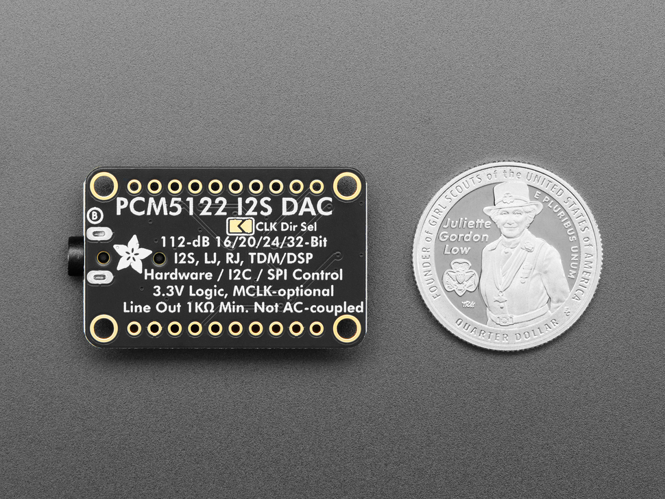 Back of audio breakout board with U.S. quarter for scale.