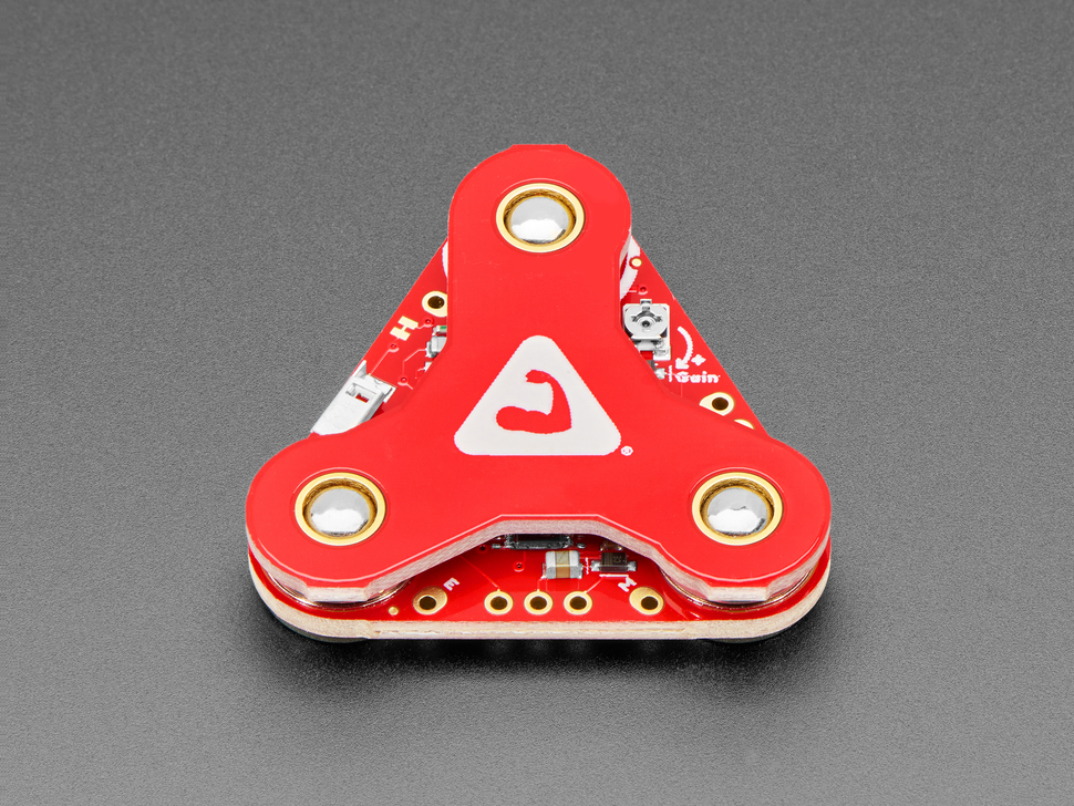 Red, triangle-shaped muscle sensor breakout.