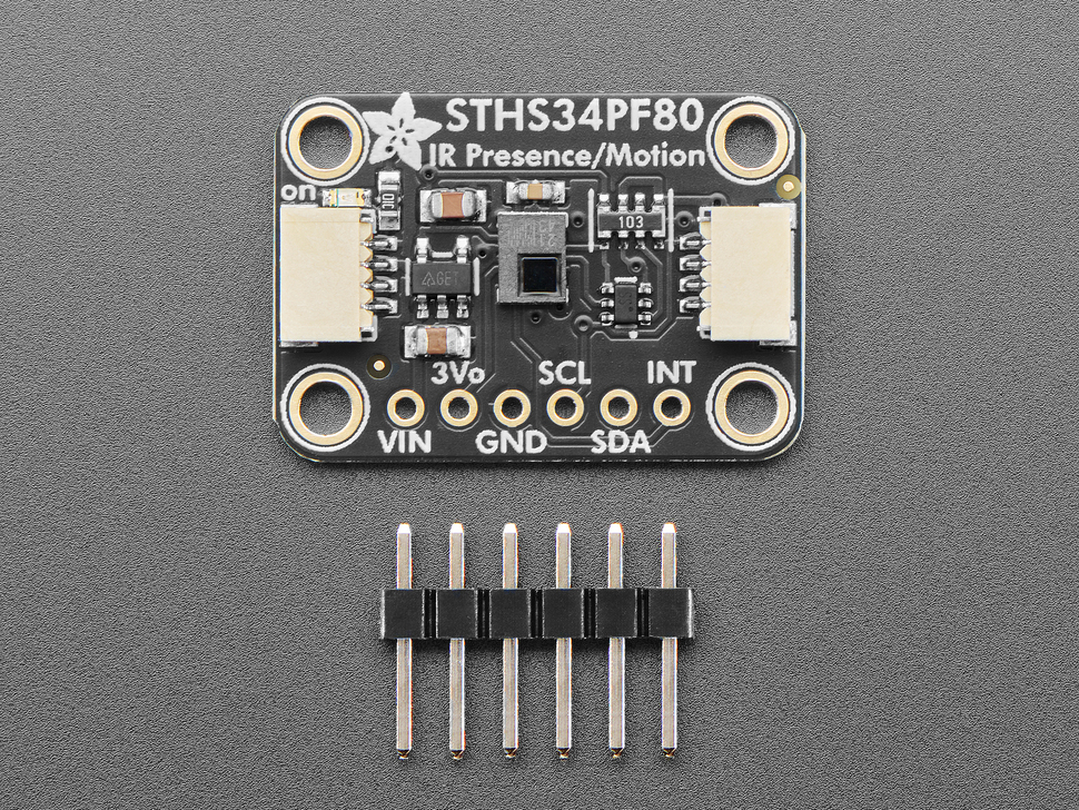 Top Down Front Shot of the Adafruit STHS34PF80 IR Presence / Motion Sensor - STEMMA QT / Qwiic with a 6pin Header.