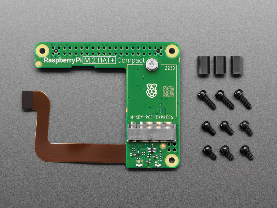 Top Down Top Shot of the Raspberry Pi M.2 HAT+ Compact with included (Screws & Standoffs) Hardware Kit.