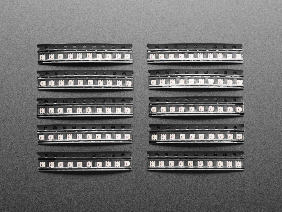 Top Down Shot of the NeoPixel Nano 2020 RGB LEDs - 100-pack enclosed in a protective casing in groups of 10.