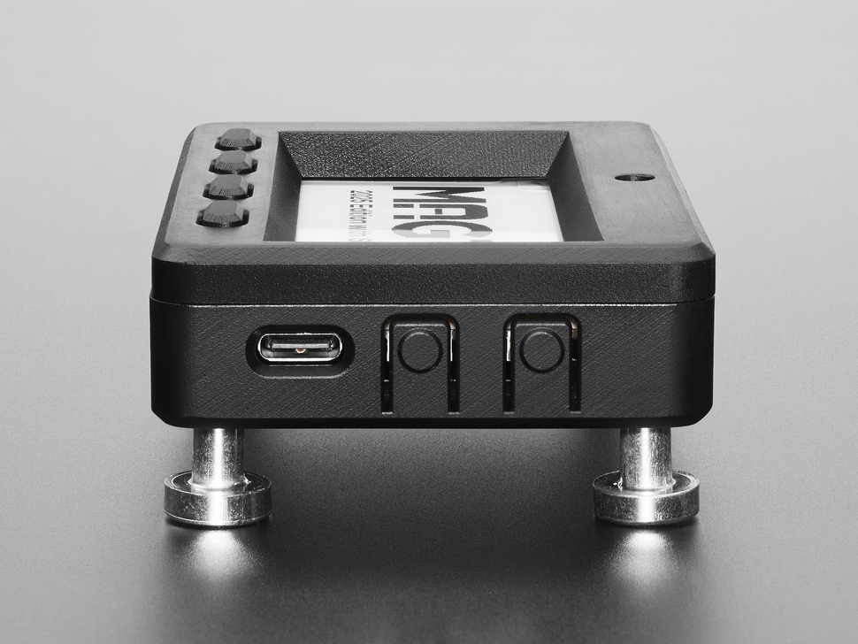 Side Profile Shot of the USB-C and Select Buttons on the Adafruit MagTag Enclosure with MagTag and Magnetic Standoff Feet