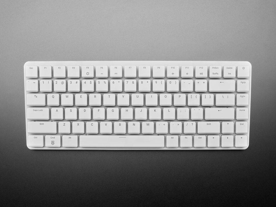 Top Down Top Shot of the Raspberry Pi 500+ Desktop Full Computer Keyboard.