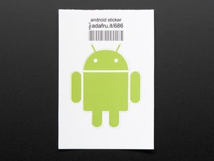 Circular sticker with Android's chartreuse robot logo on white background. Mounted on white paper with barcode