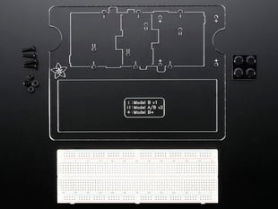 Kit contents for Adafruit Pi Dish including acrylic cutouts, full-size breadboard, mounting hardware, and rubber feet.